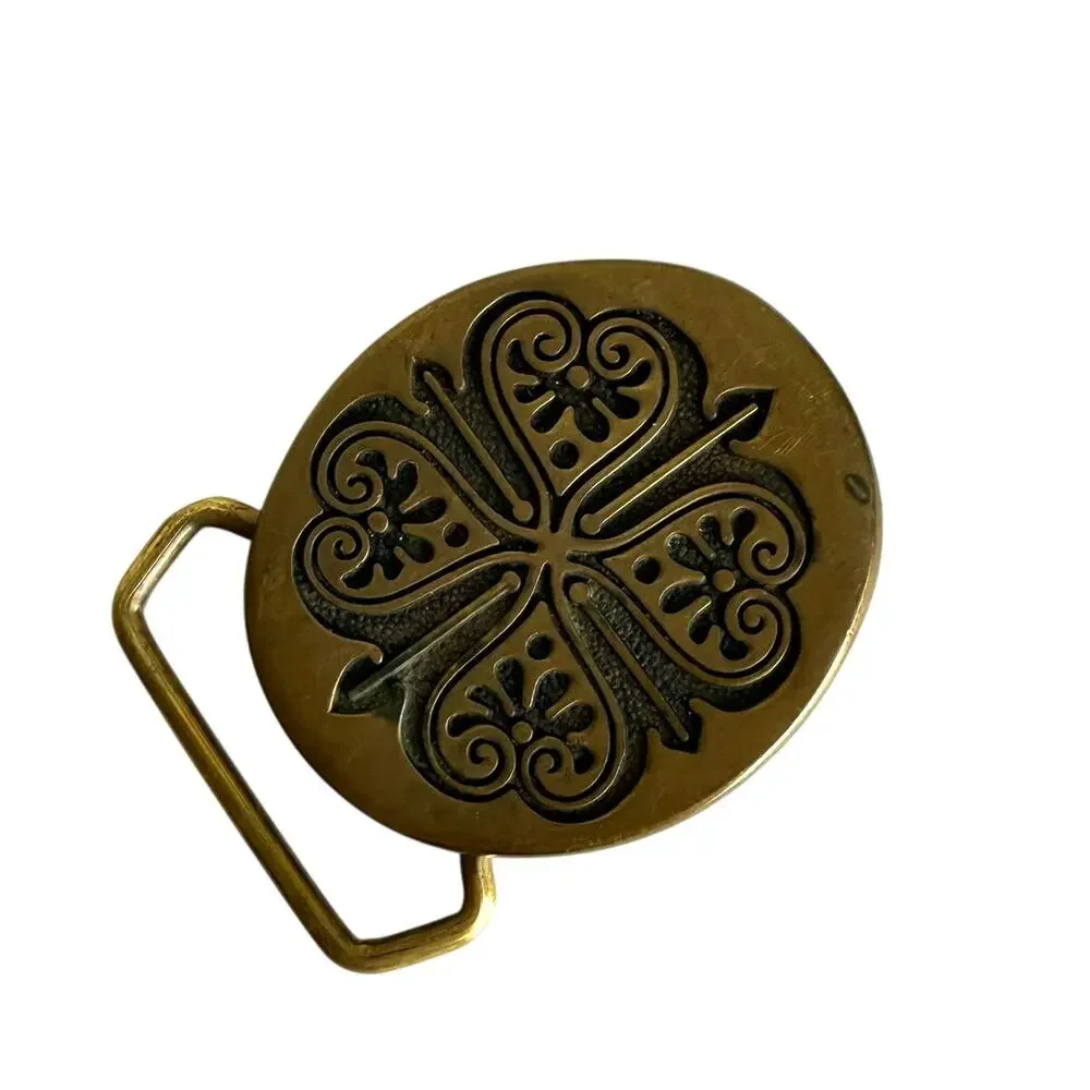 Vintage BTS Solid Brass Belt Buckle Made in USA Clover Floral Design